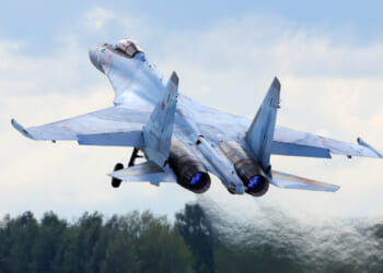 Sukhoi Su-35S RF-95850 (NATO code name: Flanker-E) multifunctional jet fighter landing at Kubinka air base.
