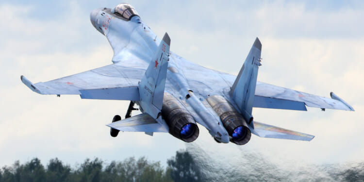 Sukhoi Su-35S RF-95850 (NATO code name: Flanker-E) multifunctional jet fighter landing at Kubinka air base.