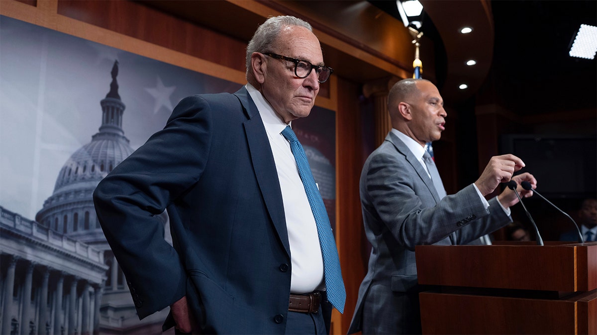 Senate Minority Leader Chuck Schumer and House Minority Leader Hakeem Jeffries at a news conference