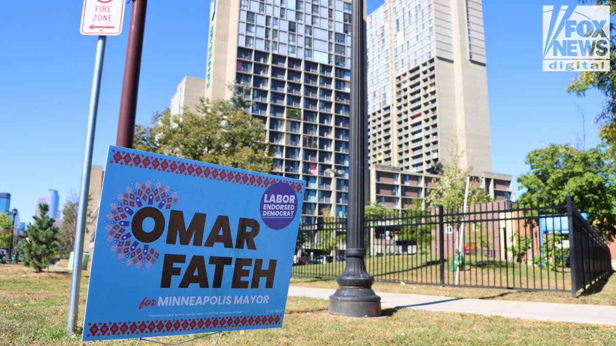 Omar Fateh campaign sign in front of Riverside Plaza Minneapolis