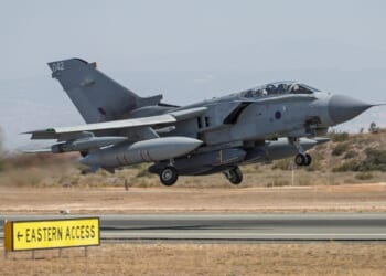A RAF Tornado GR4 carrying two Storm Shadow missiles under its fuselage takes off at RAF Akrotiri in Cyprus on an Operation Shader mission, January 2019.