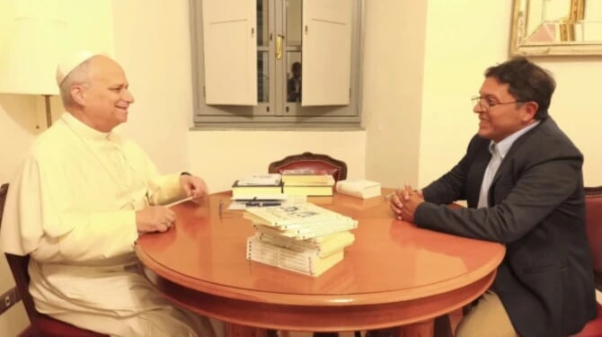 Pope Leo receives book from Armando Lovera