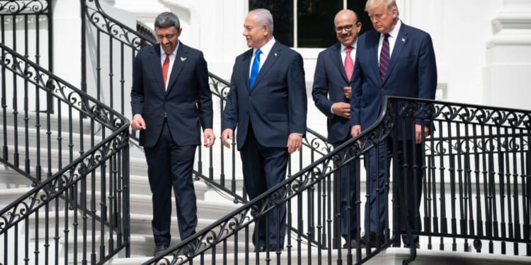 President Trump and israeli, Bahraini, and Emirati leaders exit the White House.
