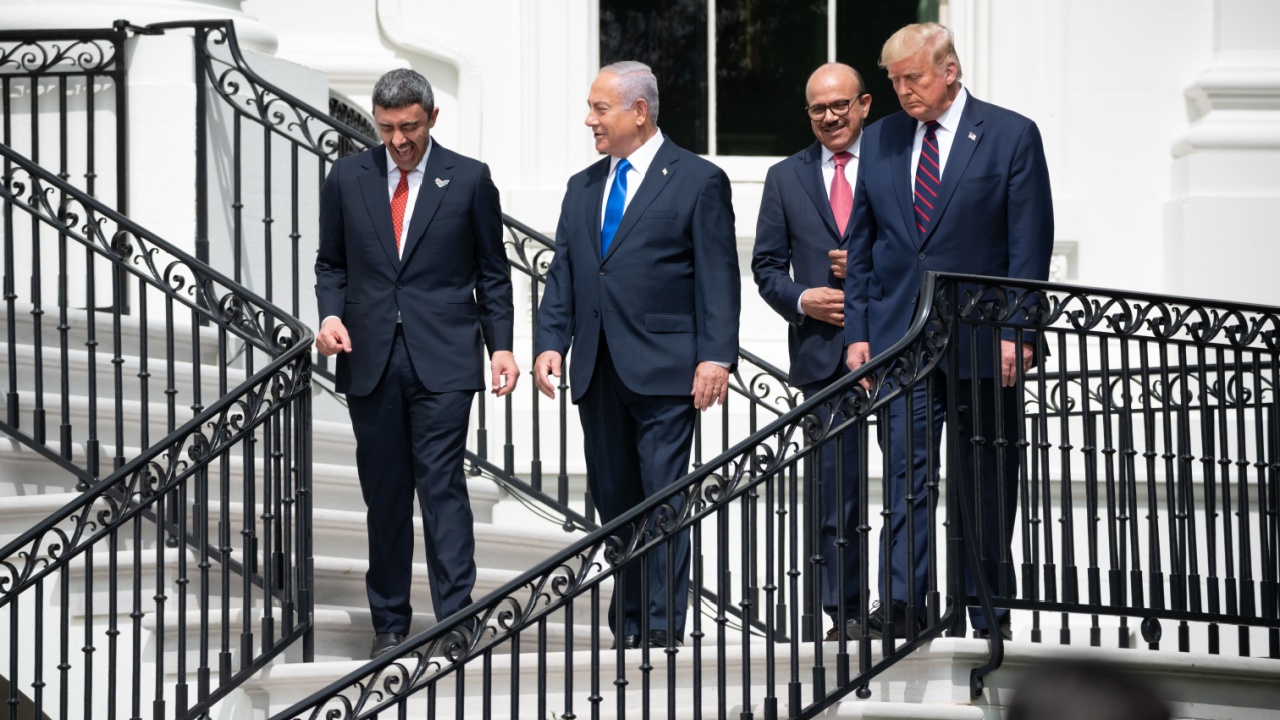 President Trump and israeli, Bahraini, and Emirati leaders exit the White House.