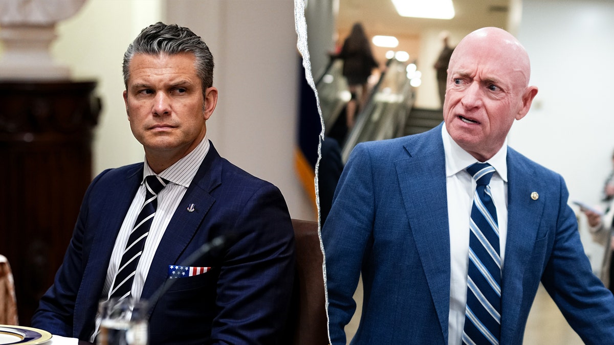 Split image of Secretary of War Pete Hegseth and Sen. Mark Kelly