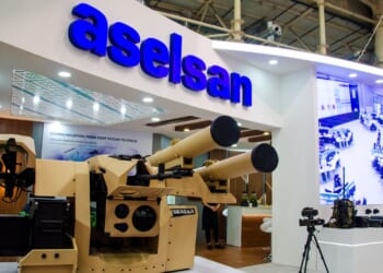 An ASELSAN booth at an arms show.