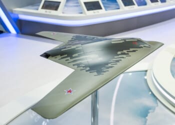 A mockup of a Russian S-70 drone.