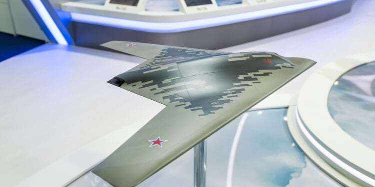 A mockup of a Russian S-70 drone.