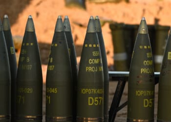 A group of 155mm artillery shells.