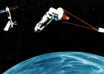 Concept art for President Ronald Reagan's "Strategic Defense Initiative."