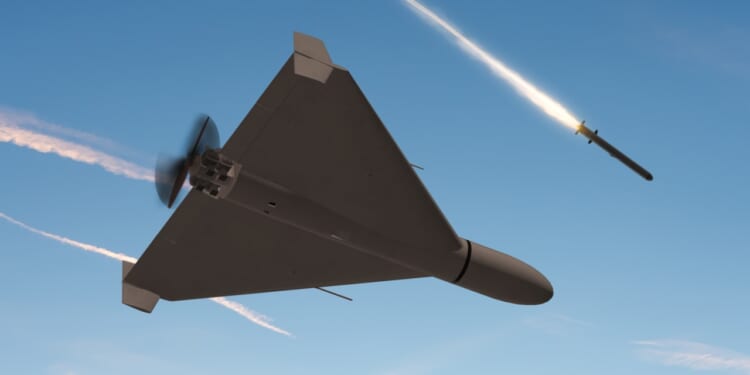 A drone flies in concert with a missile attack.