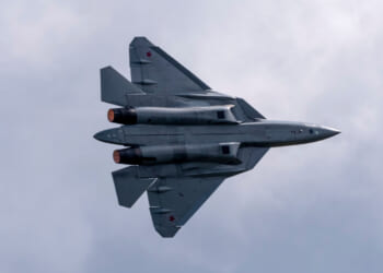 Demonstration of the latest Russian SU-57 fighterof the international aerospace salon MAKS-2021.