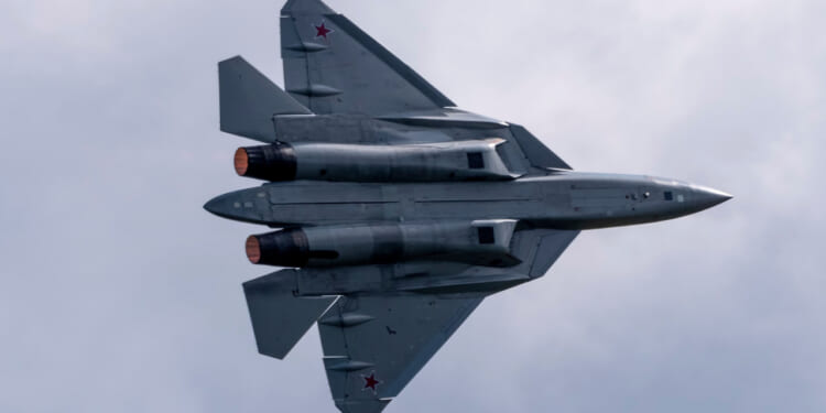 Demonstration of the latest Russian SU-57 fighterof the international aerospace salon MAKS-2021.