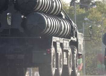 The rear side of a Russian missile truck.