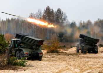 Ukrainian servicemen fire BM-21 Grad multiple rocket launcher systems during military exercises near the village of Divychky in Kyiv region, Ukraine, October 28, 2016.