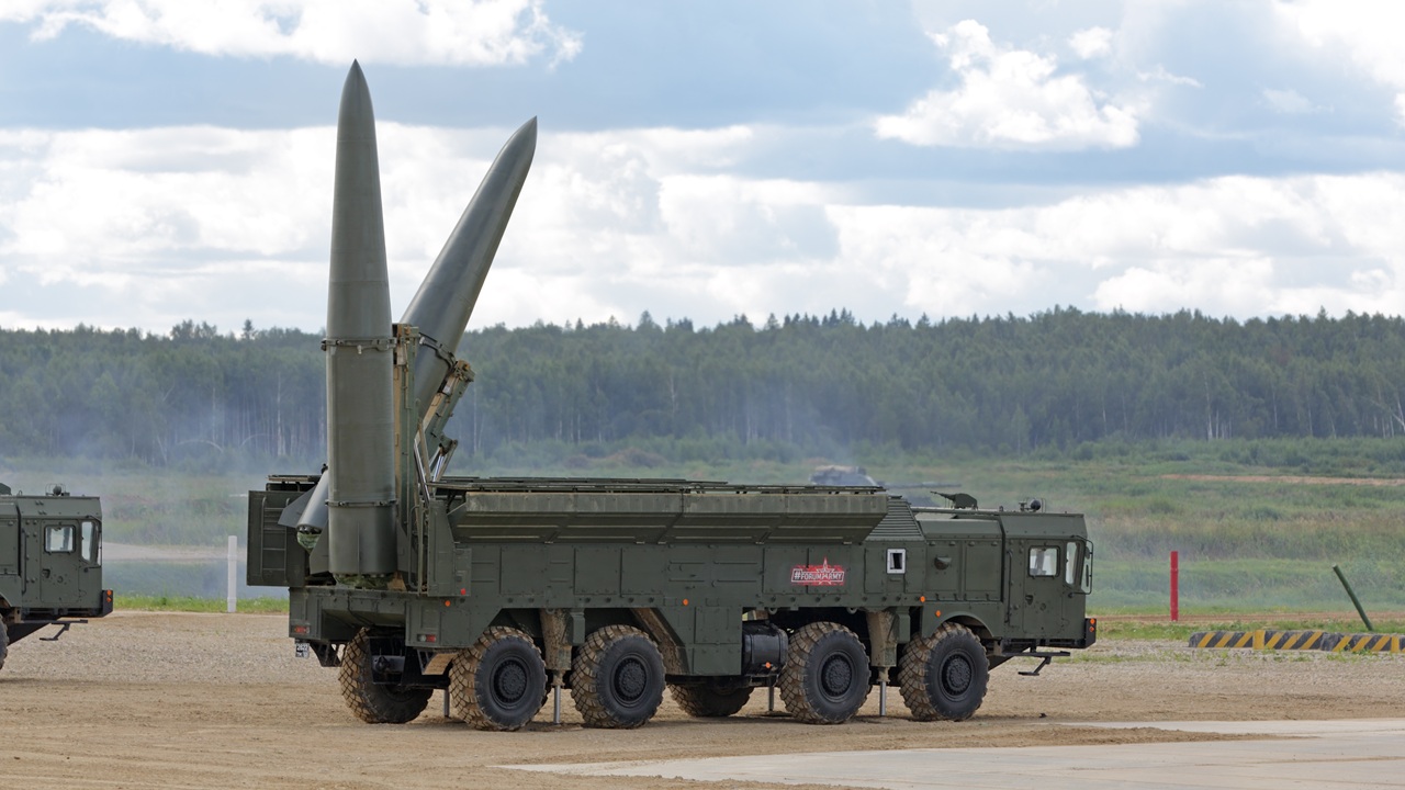 A pair of Russian Iskander missiles on the back of a launch vehicle.