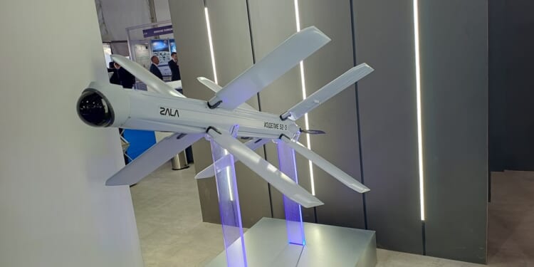 A Russian "Lancet" kamikaze drone on display.