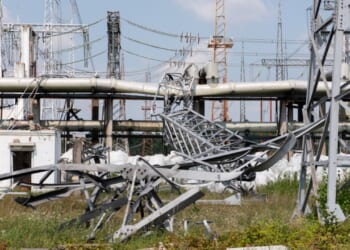 Burned out transformers and destroyed infrastructure as a result of Russian shelling of Ukraine.