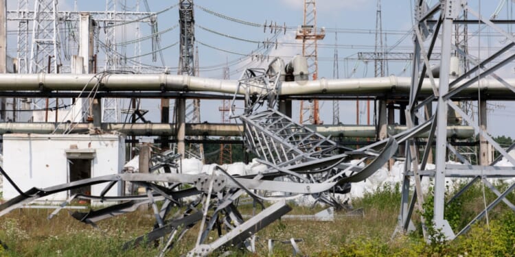 Burned out transformers and destroyed infrastructure as a result of Russian shelling of Ukraine.