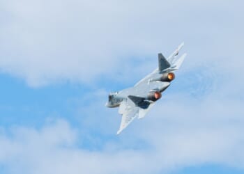 An Su-57 Felon conducting a tight turn.