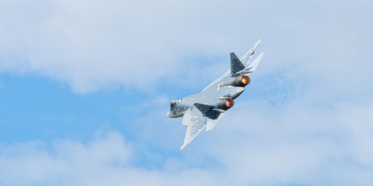An Su-57 Felon conducting a tight turn.