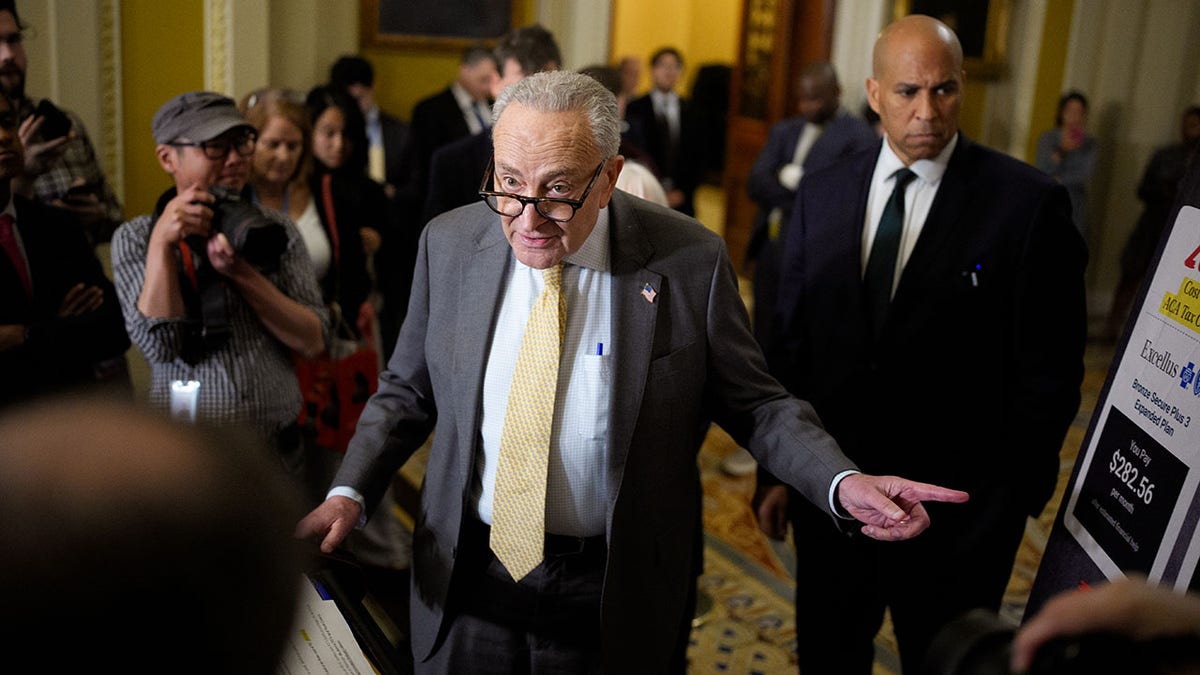 Senate Minority Leader Chuck Schumer, D-N.Y., points to a chart at Senate Democrats' weekly press conference.