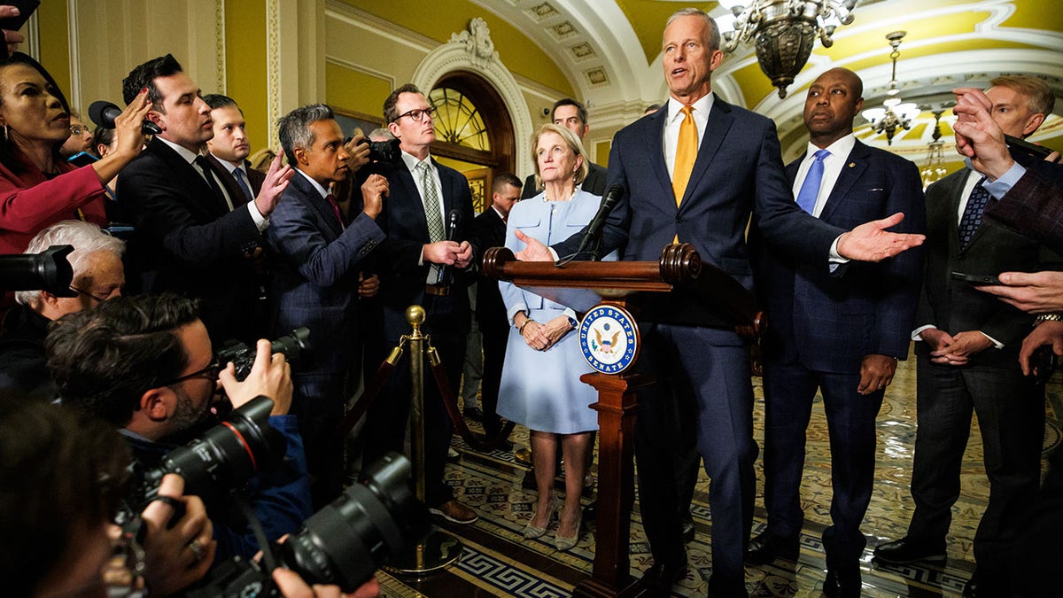 Senate Majority Leader John Thune, R-S.D., and Senate Republican leadership speak to the press.