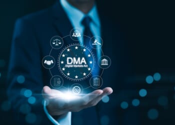 DMA, Digital Markets Act Concept. Businessman presents virtual "Digital Markets Act" with regulations icons, governance, and digital compliance. importance of legal frameworks in digital market. EU,