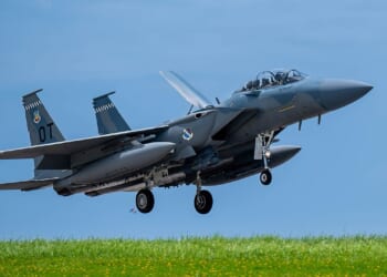 An F-15EX Eagle II during a landing.