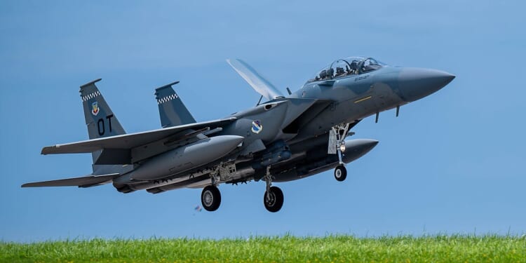 An F-15EX Eagle II during a landing.