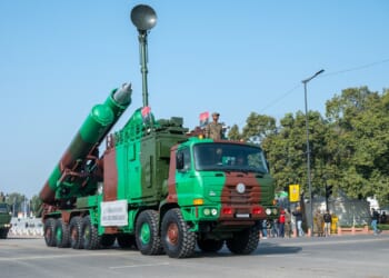 A BrahMos missile truck during a parade.