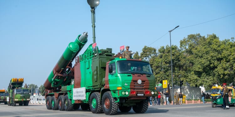 A BrahMos missile truck during a parade.