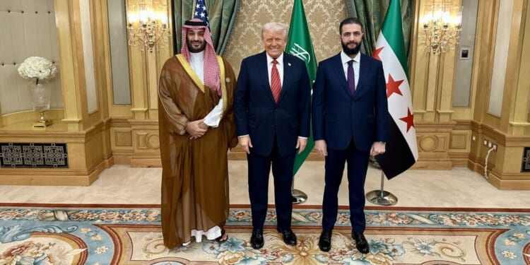 President Trump meets with Saudi crown prince Mohammed bin Salman and Syrian president Ahmed al-Shara in the Saudi Arabia.
