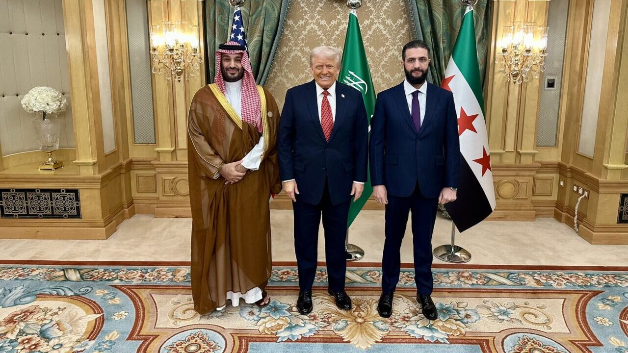 President Trump meets with Saudi crown prince Mohammed bin Salman and Syrian president Ahmed al-Shara in the Saudi Arabia.