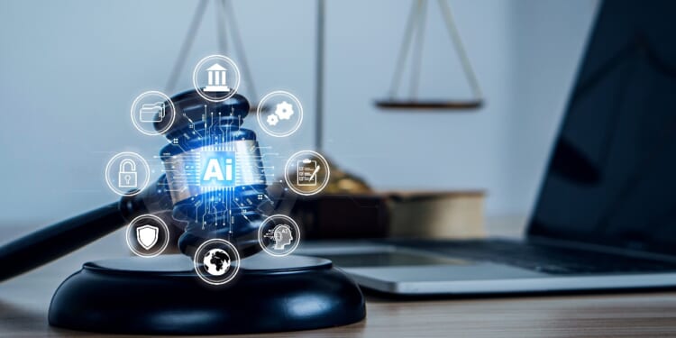 AI Law and AI ethics concept.Judicial gavel and law icon.legislation and regulations of AI Act. legal regulations Controlling artificial intelligence technology is a high risk.cyber law, digital law.