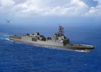 A drawing of a Constellation-class frigate at sail.