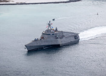 Independence-variant littoral combat ship USS Pierre (LCS 38) arrives in Panama City, Fla. ahead of her commissioning ceremony on Nov. 7, 2025.