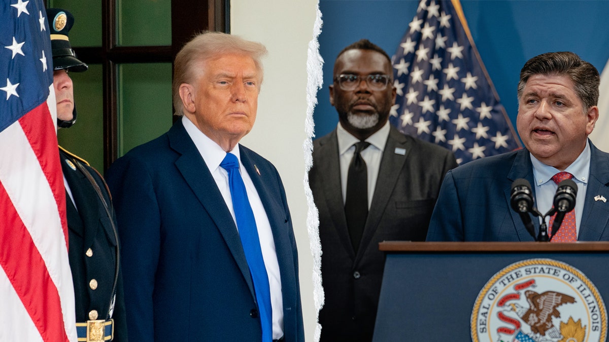 a split photo of President Donald Trump, Chicago Mayor Brandon Johnson and Illinois Gov. JB Pritzker