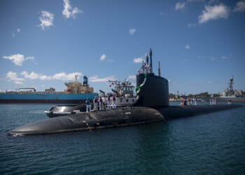 The Virginia-class fast-attack submarine USS Vermont (SSN 792) arrives at its new homeport of Joint Base Pearl Harbor-Hickam, July 27, 2023.