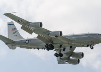 An RC-135V Rivet Joint on final approach at Kadena AB.