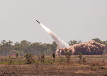 U.S. Soldiers from 1st Battalion, 3rd Field Artillery Regiment, 17th Field Artillery Brigade launch the Army Tactical Missile System (ATACMS) from the M142 High Mobility Artillery Rocket System (HIMARS) in Delamere, Northern Territory, Australia in support of Talisman Sabre 2023 on July 27, 2023.