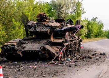 A destroyed tank near the front lines in Ukraine.