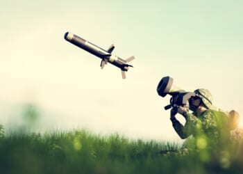 A #D render of a soldier firing an anti-tank missile.