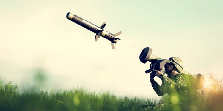 A #D render of a soldier firing an anti-tank missile.