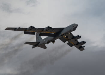 A U.S. Air Force B-52 Stratofortress assigned to the 340th Weapons Squadron, Barksdale Air Force Base (AFB), Louisiana, takes off during a U.S. Air Force Weapons School Integration (WSINT) exercise at Nellis AFB, Nev., Nov. 18, 2025.