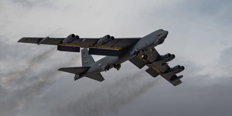 A U.S. Air Force B-52 Stratofortress assigned to the 340th Weapons Squadron, Barksdale Air Force Base (AFB), Louisiana, takes off during a U.S. Air Force Weapons School Integration (WSINT) exercise at Nellis AFB, Nev., Nov. 18, 2025.