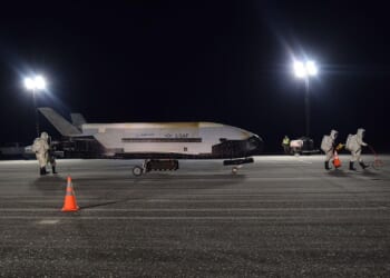 A Boeing X-37B spacecraft on the tarmac.