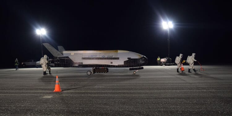 A Boeing X-37B spacecraft on the tarmac.