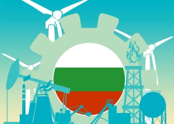 Energy and power icons set with flag of Bulgaria. Nuclear, gas, wind