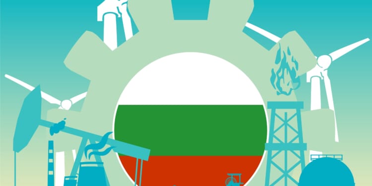 Energy and power icons set with flag of Bulgaria. Nuclear, gas, wind
